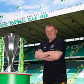Celtic manager Neil Lennon with the Ladbrokes Premiership trophy at Celtic Park, on June 19, 2020,  in Glasgow, Scotland. Pic: SNS Group