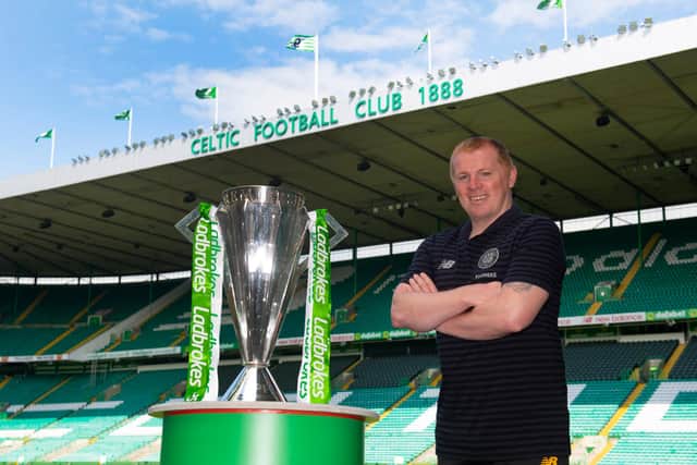 Celtic manager Neil Lennon with the Ladbrokes Premiership trophy at Celtic Park, on June 19, 2020, in Glasgow, Scotland. Pic: SNS Group