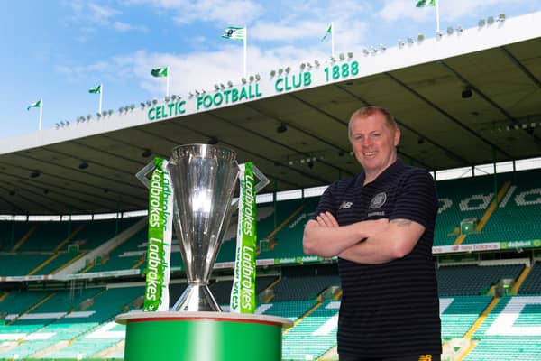 Celtic manager Neil Lennon with the Ladbrokes Premiership trophy at Celtic Park, on June 19, 2020,  in Glasgow, Scotland. Pic: SNS Group
