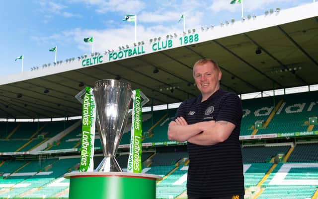 Celtic manager Neil Lennon with the Ladbrokes Premiership trophy at Celtic Park, on June 19, 2020,  in Glasgow, Scotland. Pic: SNS Group
