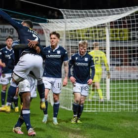 Dundee's Alex Jakubiak celebrates scoring to make it 2-1 against Ayr United at Dens Park.
