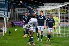 Dundee's Alex Jakubiak celebrates scoring to make it 2-1 against Ayr United at Dens Park.