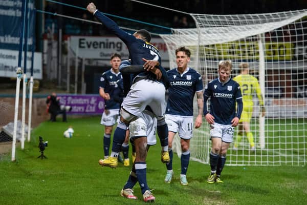 Dundee's Alex Jakubiak celebrates scoring to make it 2-1 against Ayr United at Dens Park.