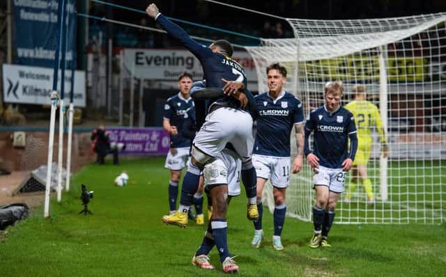Dundee's Alex Jakubiak celebrates scoring to make it 2-1 against Ayr United at Dens Park.