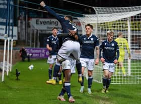 Dundee's Alex Jakubiak celebrates scoring to make it 2-1 against Ayr United at Dens Park.