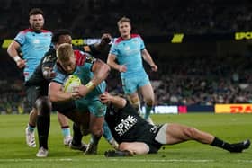 Glasgow Warriors' Kyle Steyn goes over to score their side's third try during the ECPR Challenge Cup final defeat by Toulon.