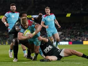 Glasgow Warriors' Kyle Steyn goes over to score their side's third try during the ECPR Challenge Cup final defeat by Toulon.