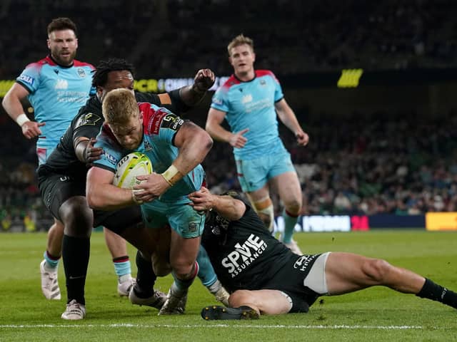 Glasgow Warriors' Kyle Steyn goes over to score their side's third try during the ECPR Challenge Cup final defeat by Toulon.