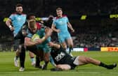 Glasgow Warriors' Kyle Steyn goes over to score their side's third try during the ECPR Challenge Cup final defeat by Toulon.