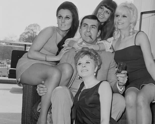 Neil Connery is joined by a group of Bond Girl-style actresses at the Hilton Hotel in London to publicise his film Operation Kid Brother in 1968