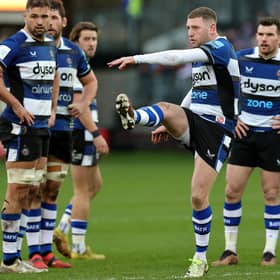 Finn Russell of Bath kicks the ball to touch during the Gallagher Premiership Rugby match against Gloucester at The Recreation Ground on Sunday. There was a flurry of kicking in the game. (Photo by David Rogers/Getty Images)
