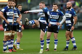 Finn Russell of Bath kicks the ball to touch during the Gallagher Premiership Rugby match against Gloucester at The Recreation Ground on Sunday. There was a flurry of kicking in the game. (Photo by David Rogers/Getty Images)