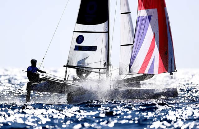 John Gimson and Anna Burnet, from Argyll, took silver for Team GB in the Nacra 17 Foiling class on day eleven of the Tokyo 2020 Olympic Games. (Photo by Clive Mason/Getty Images)