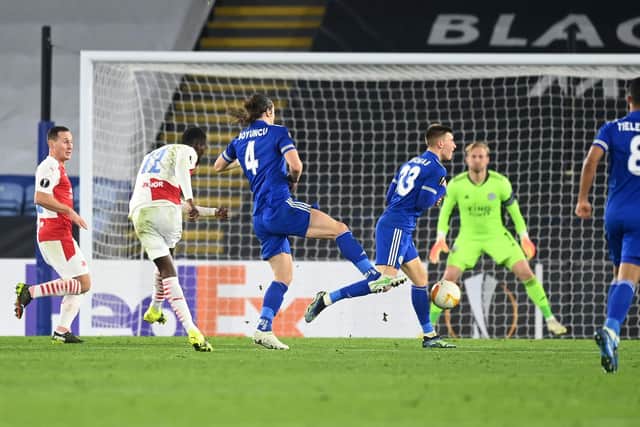 Teenage Senegalese striker Abdallah Sima, Slavia Prague's top scorer this season, fires home the second goal in their 2-0 win at Leicester City on Thursday night. (Photo by Michael Regan/Getty Images)