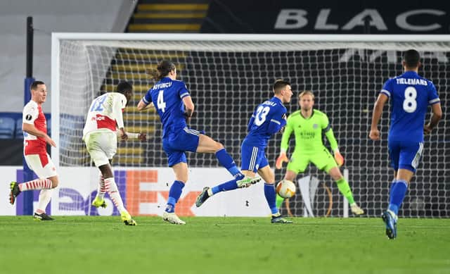 Teenage Senegalese striker Abdallah Sima, Slavia Prague's top scorer this season, fires home the second goal in their 2-0 win at Leicester City on Thursday night. (Photo by Michael Regan/Getty Images)