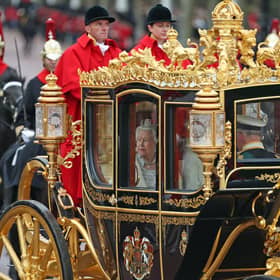 Queen Elizabeth II, accompanied by the Prince of Wales and Duchess of Cornwall, returns to Buckingham Palace, London, in the Diamond Jubilee State Coach, having delivered The Queen's Speech. The King and Queen Consort will travel to the coronation in the modern Diamond Jubilee State Coach and return in the historic Gold State Coach.