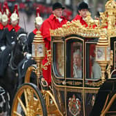 Queen Elizabeth II, accompanied by the Prince of Wales and Duchess of Cornwall, returns to Buckingham Palace, London, in the Diamond Jubilee State Coach, having delivered The Queen's Speech. The King and Queen Consort will travel to the coronation in the modern Diamond Jubilee State Coach and return in the historic Gold State Coach.
