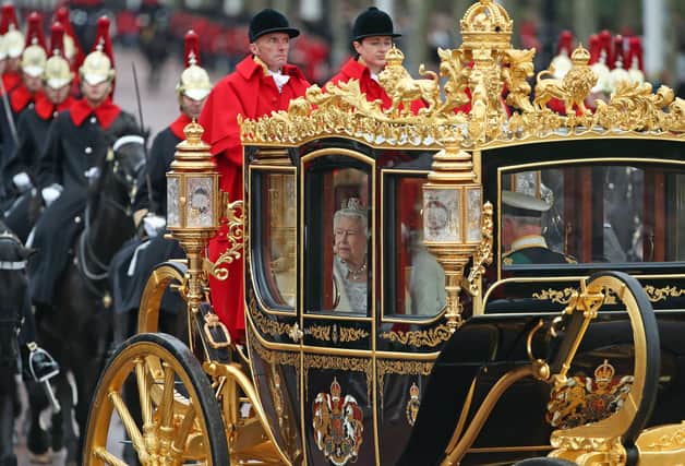 Queen Elizabeth II, accompanied by the Prince of Wales and Duchess of Cornwall, returns to Buckingham Palace, London, in the Diamond Jubilee State Coach, having delivered The Queen's Speech. The King and Queen Consort will travel to the coronation in the modern Diamond Jubilee State Coach and return in the historic Gold State Coach.