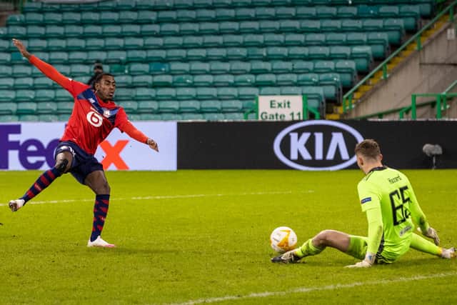 Celtic keeper Conor Hazrd makes a save to deny Lille's Isaac Lihadji. Picture: SNS