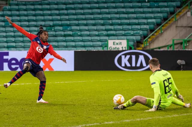Celtic keeper Conor Hazrd makes a save to deny Lille's Isaac Lihadji. Picture: SNS