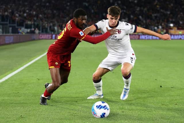Aaron Hickey in action for Bologna against Roma. (Photo by Paolo Bruno/Getty Images)