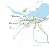 Dotted blue lines show potential bus rapid transit routes in Edinburgh and dotted red lines possible tram line extensions. Picture: Transport Scotland