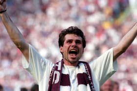 Stephane Adam celebrates Hearts' Scottish Cup final win over Rangers in 1998.