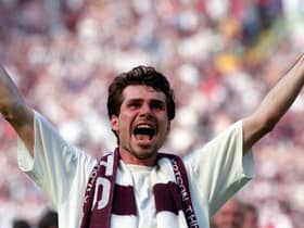 Stephane Adam celebrates Hearts' Scottish Cup final win over Rangers in 1998.