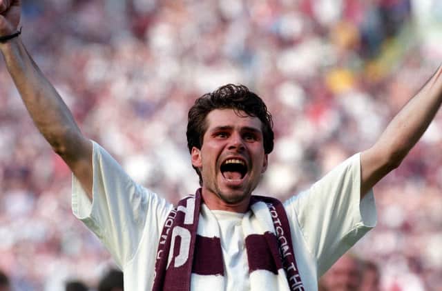 Stephane Adam celebrates Hearts' Scottish Cup final win over Rangers in 1998.