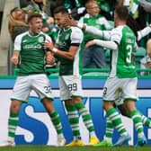 Josh Campbell celebrates after scoring his second of the game in Hibs' 3-1 win over Aberdeen.  (Photo by Mark Scates / SNS Group)