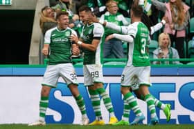 Josh Campbell celebrates after scoring his second of the game in Hibs' 3-1 win over Aberdeen.  (Photo by Mark Scates / SNS Group)