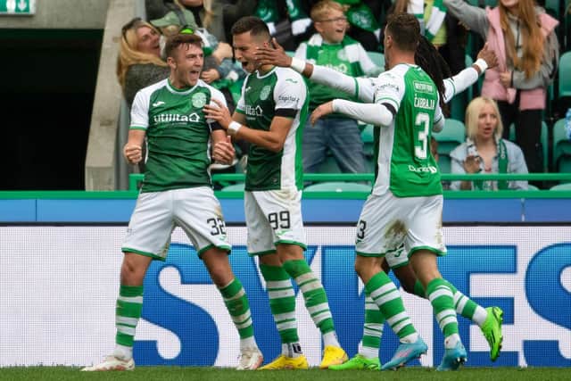 Josh Campbell celebrates after scoring his second of the game in Hibs' 3-1 win over Aberdeen. (Photo by Mark Scates / SNS Group)