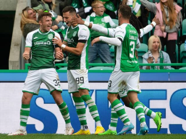 Josh Campbell celebrates after scoring his second of the game in Hibs' 3-1 win over Aberdeen.  (Photo by Mark Scates / SNS Group)