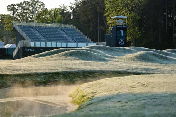 A general view of the first hole during a frost delay prior to the first round of the 2023 PGA Championship at Oak Hill Country Club in Rochester, New York. Picture: Michael Reaves/Getty Images.