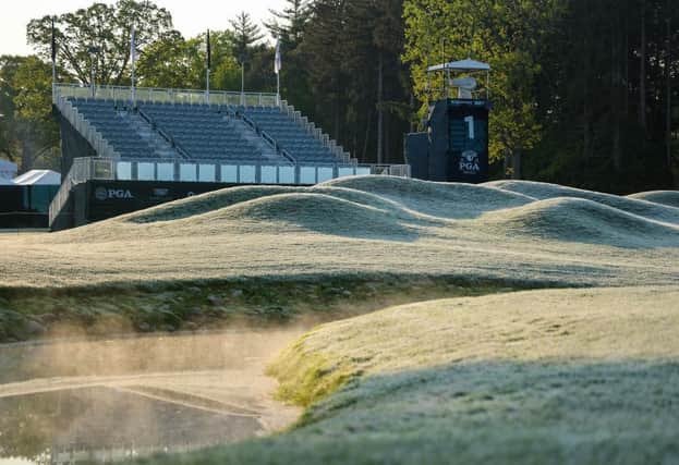 A general view of the first hole during a frost delay prior to the first round of the 2023 PGA Championship at Oak Hill Country Club in Rochester, New York. Picture: Michael Reaves/Getty Images.