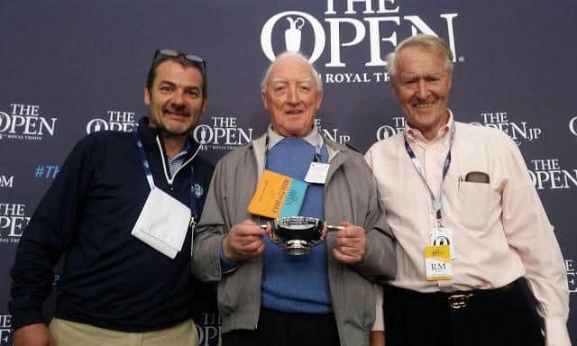 Jock MacVicar,  centre, after receiving Life Membership of the Association of Golf Writers at the 2016 Open Championship at Royal Birkdale.