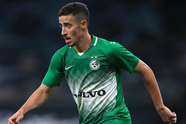 Dolev Haziza of Maccabi Haifa runs with the ball during the UEFA Europa League play-off match between Tottenham Hotspur and Maccabi Haifa on October 01, 2020 (Photo by Adam Davy - Pool/Getty Images)