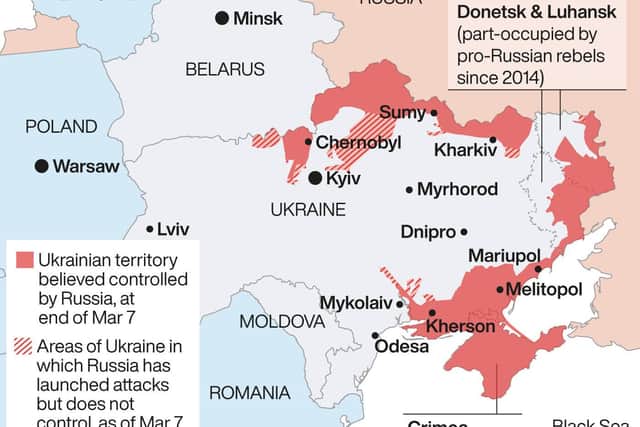 Russian invasion of Ukraine. A graphic showing the inroads in Ukraine territory made by the Russians.