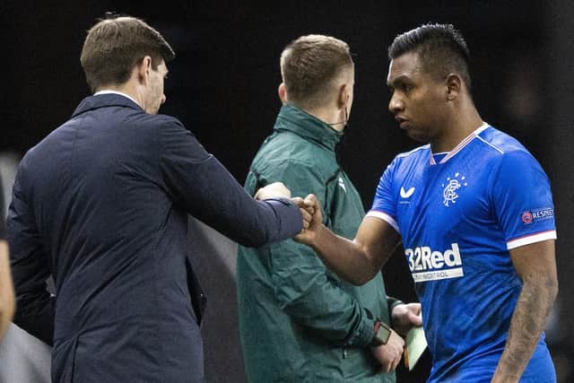 Rangers Manager Steven Gerrard with Alfredo Morelos during a UEFA Europa League match between Rangers and Royal Antwerp at Ibrox Stadium, on February 25, 2021, in Glasgow, Scotland. (Photo by Craig Williamson / SNS Group)
