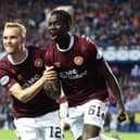 Hearts substitute Garang Kuol celebrates his injury-time equaliser in the 2-2 draw with Rangers.  (Photo by Ross MacDonald / SNS Group)