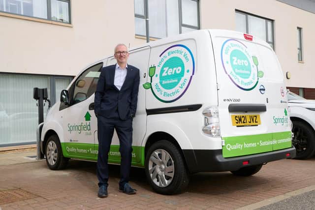 'We are excited to have welcomed the first electric van into Springfield Properties’ fleet,' says CEO Innes Smith, pictured with the vehicle. Picture: contributed.