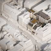 An overview showing the series of buildings that face onto Hanover Street, Princes Street, Rose Street and Rose Street Lane in Edinburgh city centre.