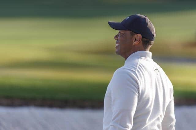 Five-time Masters champion Tiger Woods was in good spirits on the first official practice day for the 88th Masters. Picture: The Masters