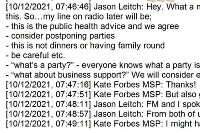Screen grab from the UK Covid-19 Inquiry live stream of a text exchange between Jason Leitch, National Clinical Director for the Scottish Government, and former finance secretary Kate Forbes MSP, which has been shown during his evidence to the UK Covid-19 Inquiry hearing at the Edinburgh International Conference Centre (EICC), during its second investigation (Module 2) exploring core UK decision-making and political governance. Issue date: Wednesday January 24, 2024. PA Photo. See PA story INQUIRY Coronavirus. Photo credit should read: UK Covid-19 Inquiry/PA Wire