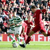 Steven Gerrard scores for Liverpool against Celtic in a legends match.