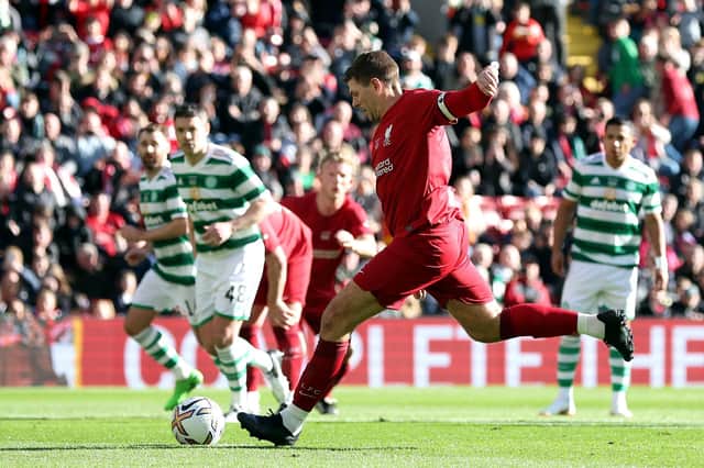 Steven Gerrard scores for Liverpool against Celtic in a legends match.
