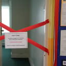 A taped off section inside Parks Primary School in Leicester which has been impacted by the sub-standard reinforced autoclaved aerated concrete (Raac). PIC: Jacob King/PA Wire