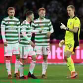 Celtic keeper Joe Hart passes on instructions to Callum McGregor and Carl Starfelt (far left) during last week's Europa League play-off win over AZ Alkmaar and the Swedish centre-back says the English international's constant promptings are proving real learning tools for the club's defenders. (Photo by Craig Williamson / SNS Group)