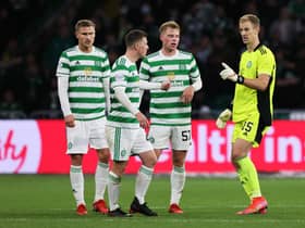 Celtic keeper Joe Hart passes on instructions to Callum McGregor and Carl Starfelt (far left) during last week's Europa League play-off win over AZ Alkmaar and the Swedish centre-back says the English international's constant promptings are proving real learning tools for the club's defenders. (Photo by Craig Williamson / SNS Group)