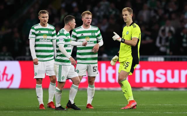 Celtic keeper Joe Hart passes on instructions to Callum McGregor and Carl Starfelt (far left) during last week's Europa League play-off win over AZ Alkmaar and the Swedish centre-back says the English international's constant promptings are proving real learning tools for the club's defenders. (Photo by Craig Williamson / SNS Group)